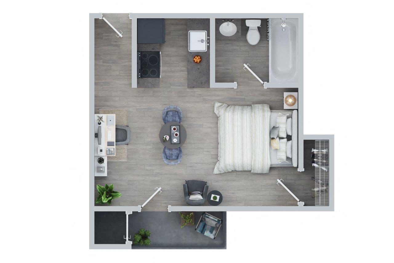 Floor plan for studio, 1 bath, 340 sqft